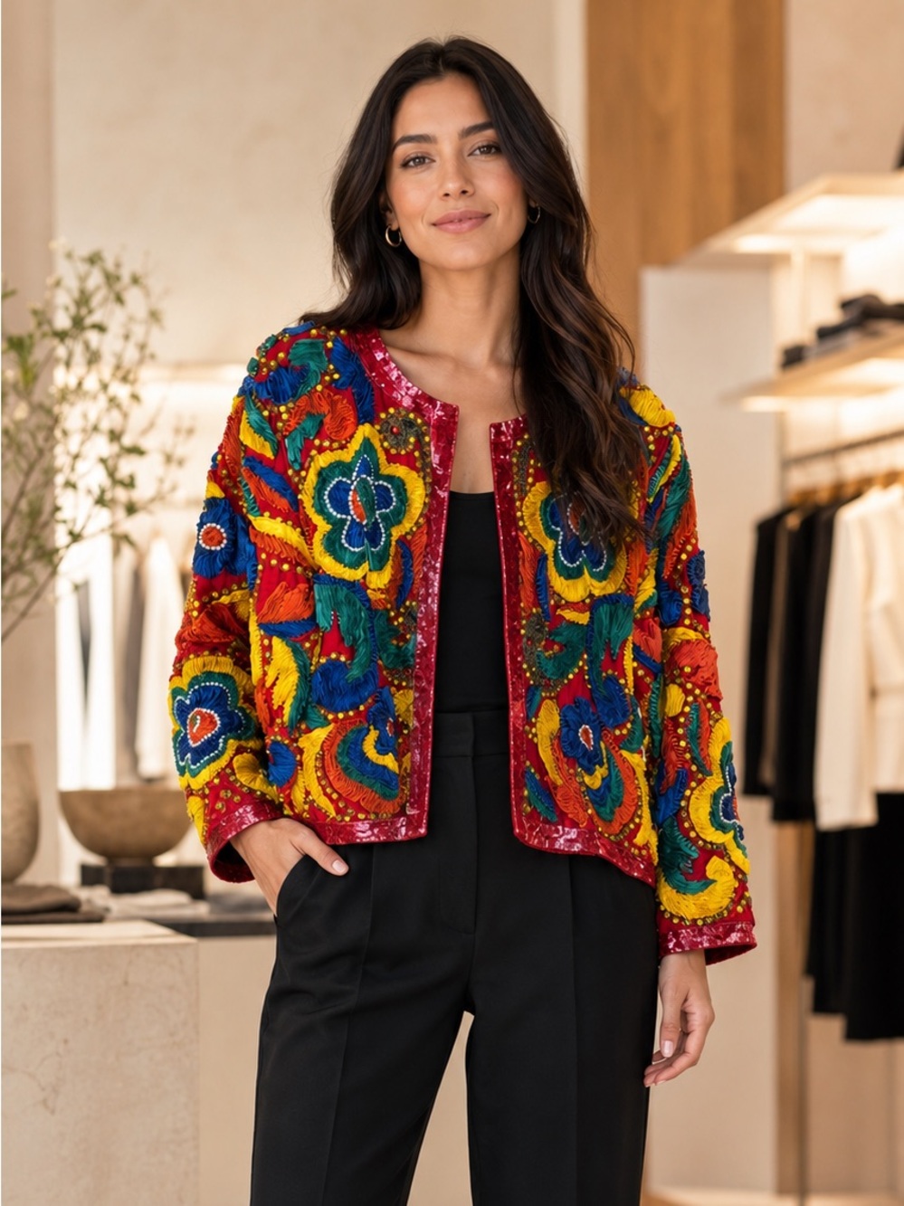 NEW Designer Sample Embroidered Jacket Colorful Boho Floral Statement Sz M